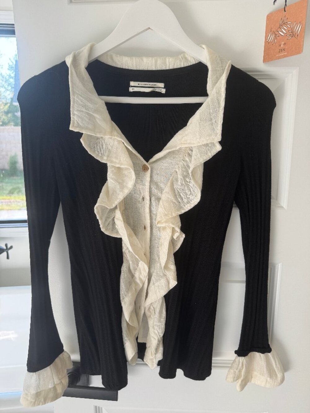 by Anthropologie Black Rib Cream Ruffle V-Neck Top XXS Cambodia